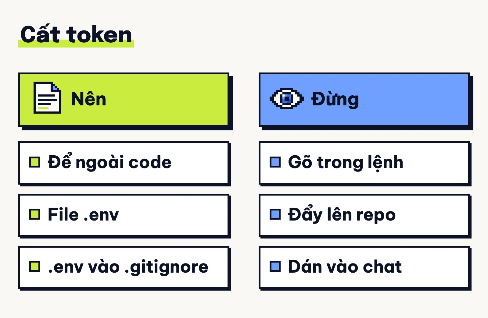 Lưu GitHub token trong file .env cho công cụ dùng; đừng đẩy file đó lên repo.