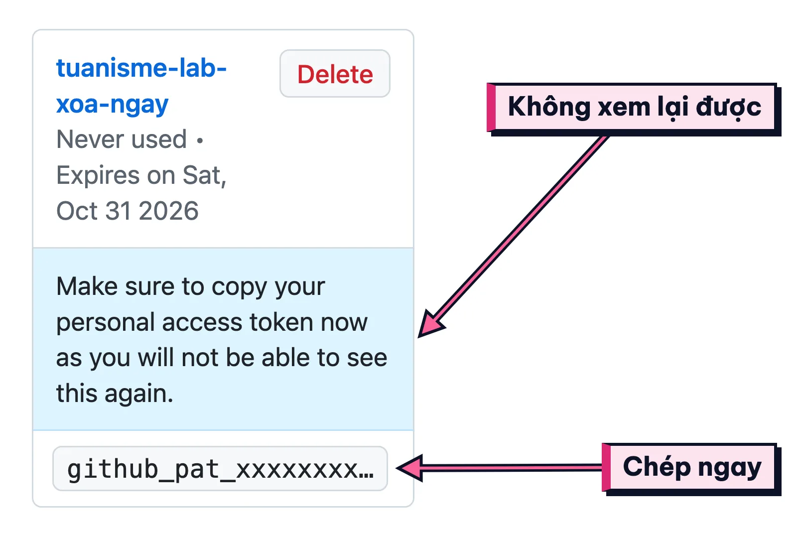 GitHub token chỉ hiện một lần sau khi tạo; chép lại trước khi rời trang vì sẽ không xem lại được.