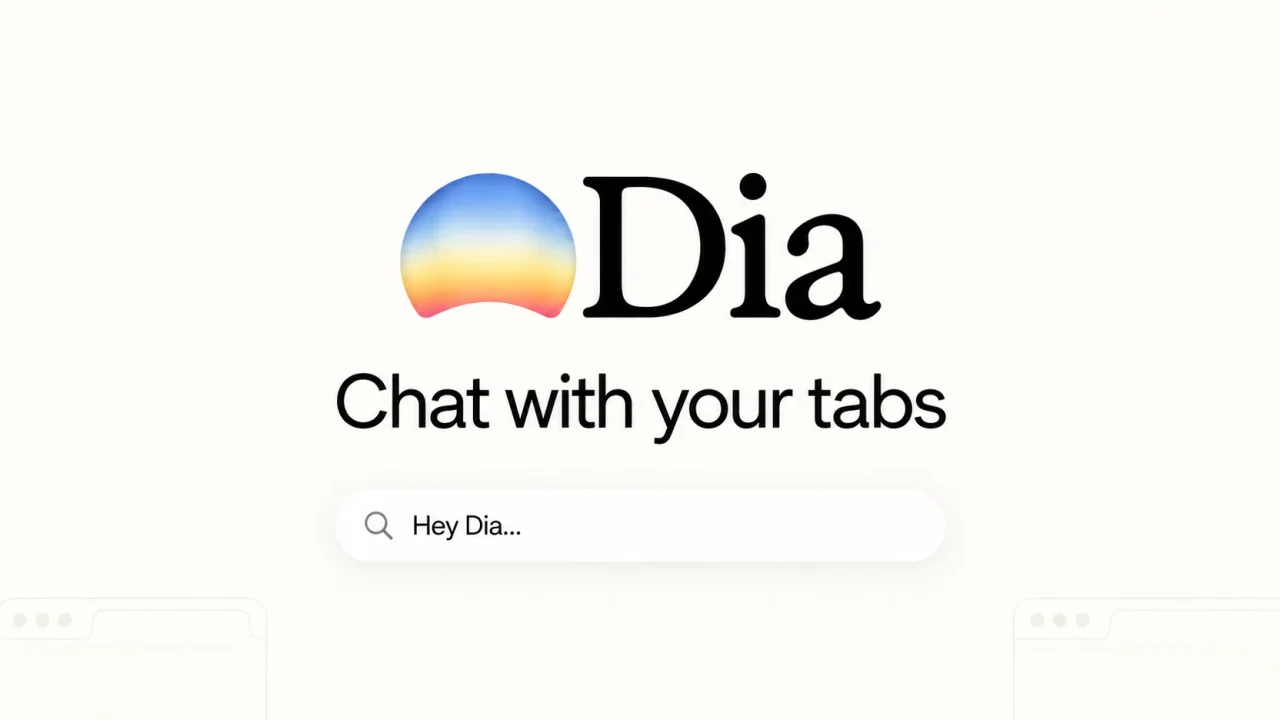 Logo Dia cầu vồng, dòng chữ Chat with your tabs và ô chat Hey Dia trên nền trắng ngà