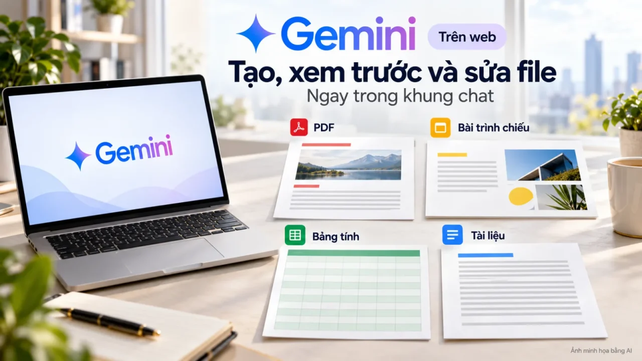 Ảnh minh họa Gemini trên laptop cùng biểu tượng PDF, bài trình chiếu, bảng tính và tài liệu.