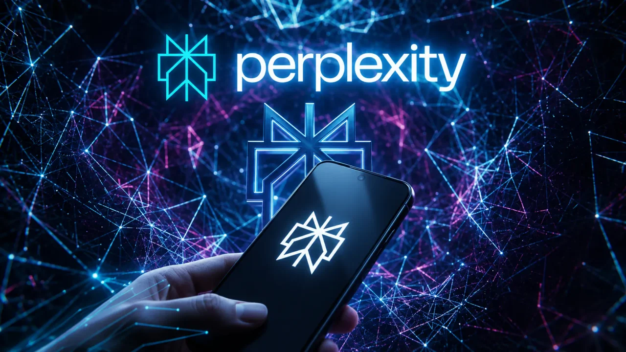 Logo và chữ perplexity phát sáng neon xanh trên nền mạng lưới, bàn tay cầm điện thoại hiện logo Perplexity