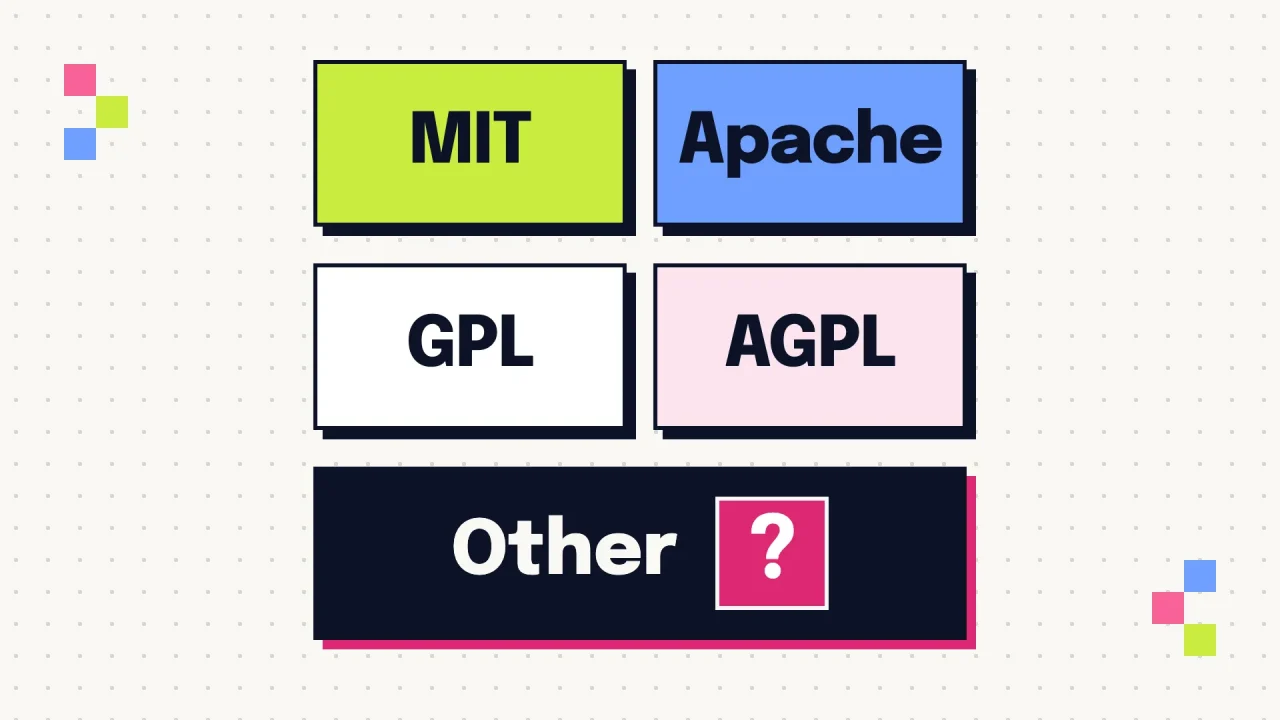 Bốn nhãn giấy phép MIT, Apache, GPL, AGPL và nhãn Other đi kèm dấu hỏi, nhắc phải đọc kỹ